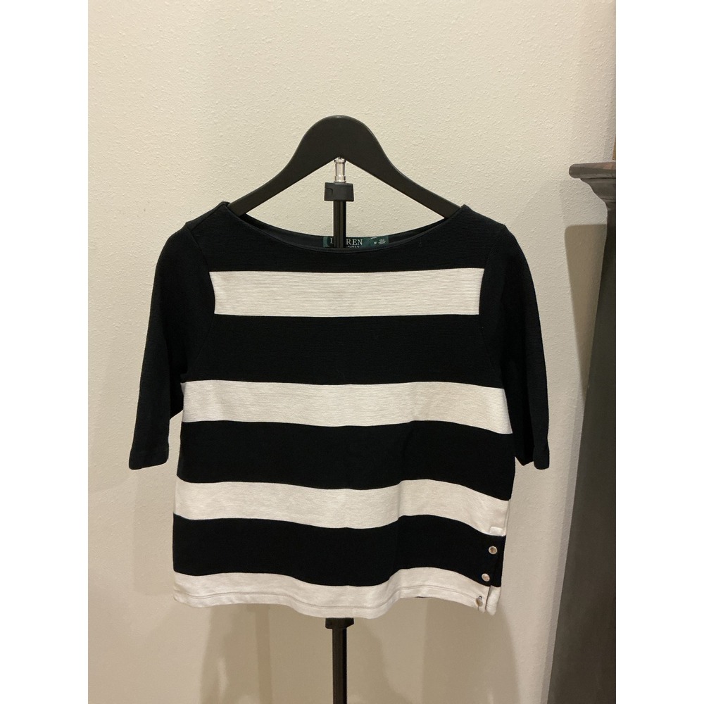 Lauren Ralph Lauren Black White Striped Boat Neck Button Hem Ribbed Top M